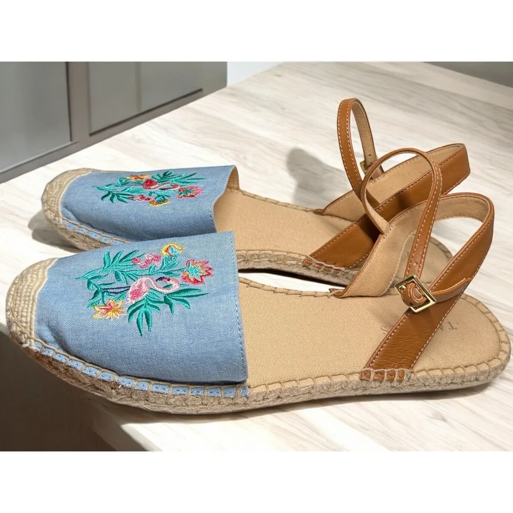 TALBOTS Espadrille Sandals Size 9.5 Chambray Izzy D'Orsay Embroidered Flamingo